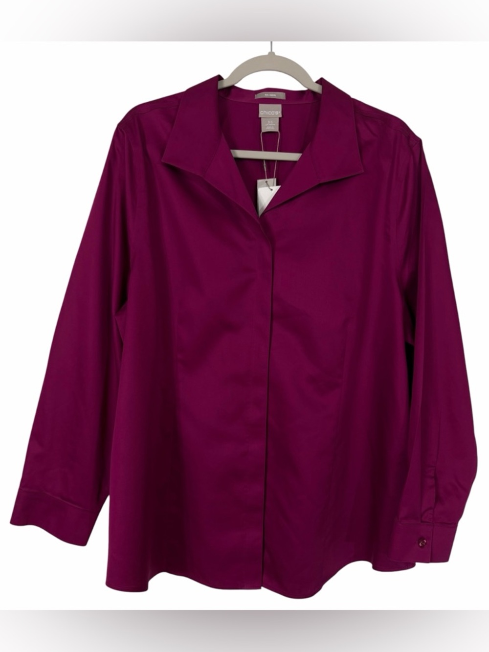 NWT Chico’s No Iron Sateen Button Up Shirt Deep Magenta Long Sleeve Sz 3.5